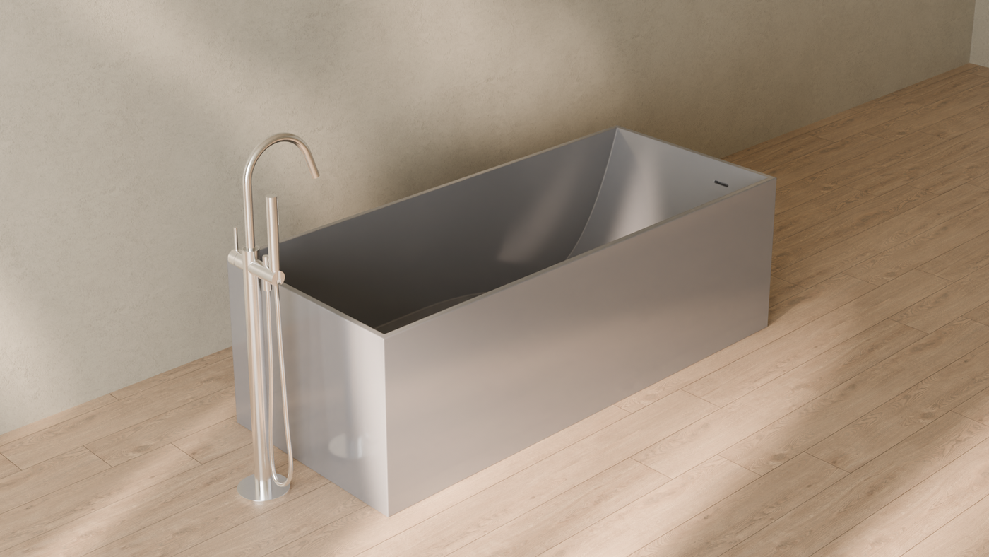 Badeloft render 2026 | BW-06-XL | Grey | Bathtub_Glossy_Grey__Camera_Angle_4.png — in the bathroom