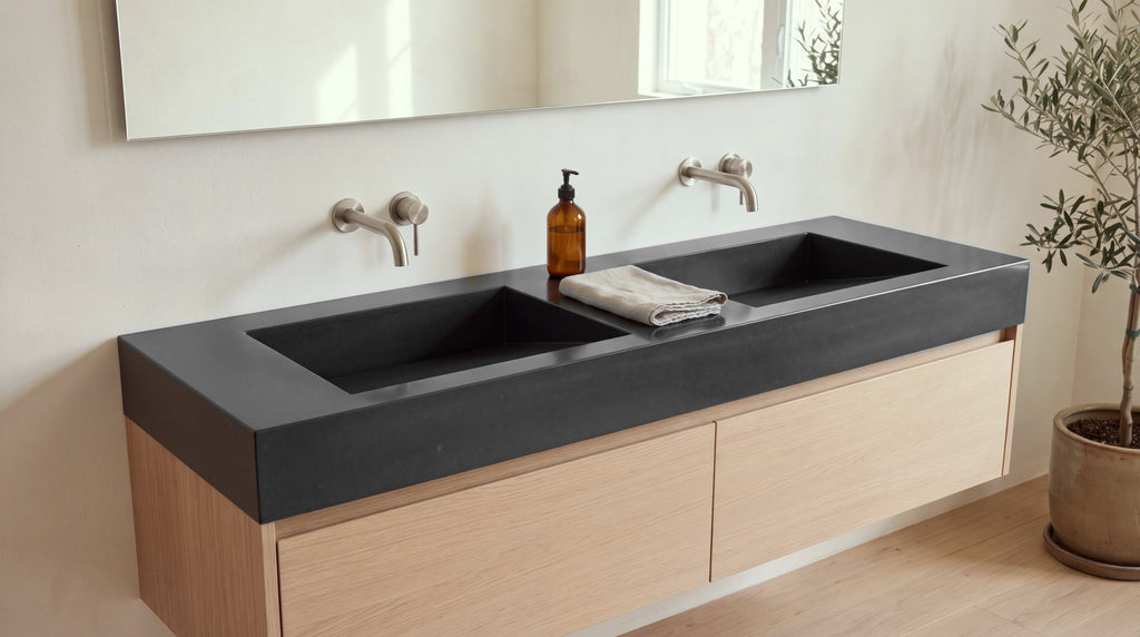 60" Double Ramp Sink, Vanity Top in glossy black stone resin on a bathroom vanity