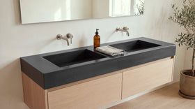 60" Double Ramp Sink, Vanity Top in glossy black stone resin on a bathroom vanity