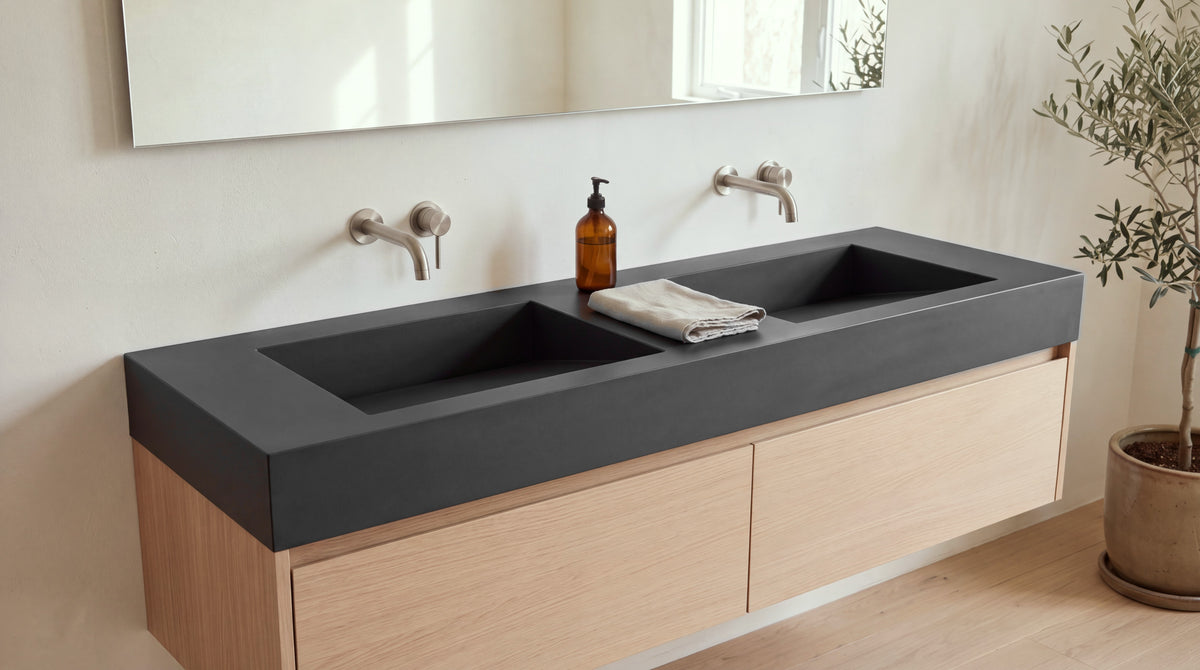 60" Double Ramp Sink, Vanity Top in matte black stone resin on a bathroom vanity