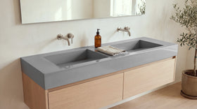60" Double Ramp Sink, Vanity Top in glossy grey stone resin on a bathroom vanity