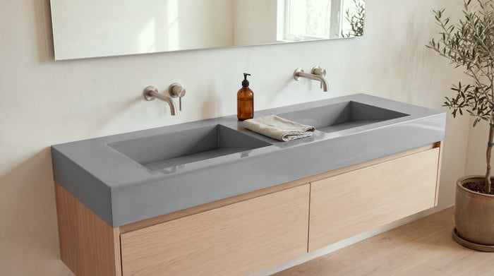 60" Double Ramp Sink, Vanity Top in glossy grey stone resin on a bathroom vanity