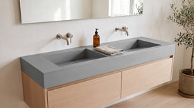60" Double Ramp Sink, Vanity Top in matte grey stone resin on a bathroom vanity
