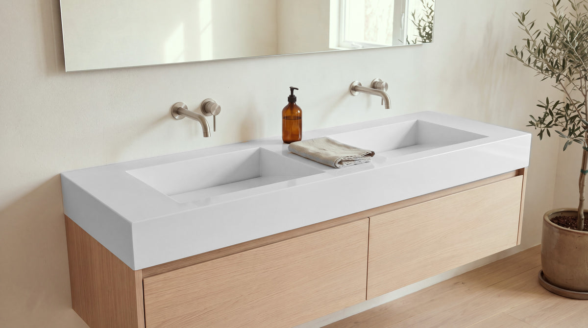 60" Double Ramp Sink, Vanity Top in glossy white stone resin on a bathroom vanity