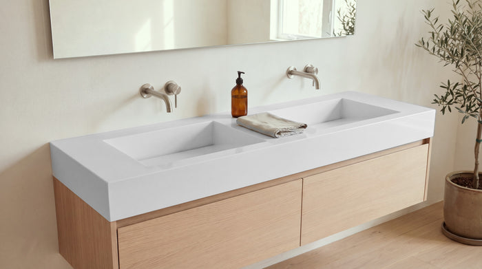 60" Double Ramp Sink, Vanity Top in glossy white stone resin on a bathroom vanity