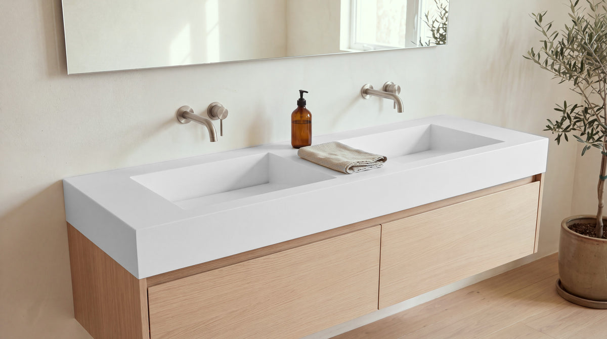 60" Double Ramp Sink, Vanity Top in matte white stone resin on a bathroom vanity