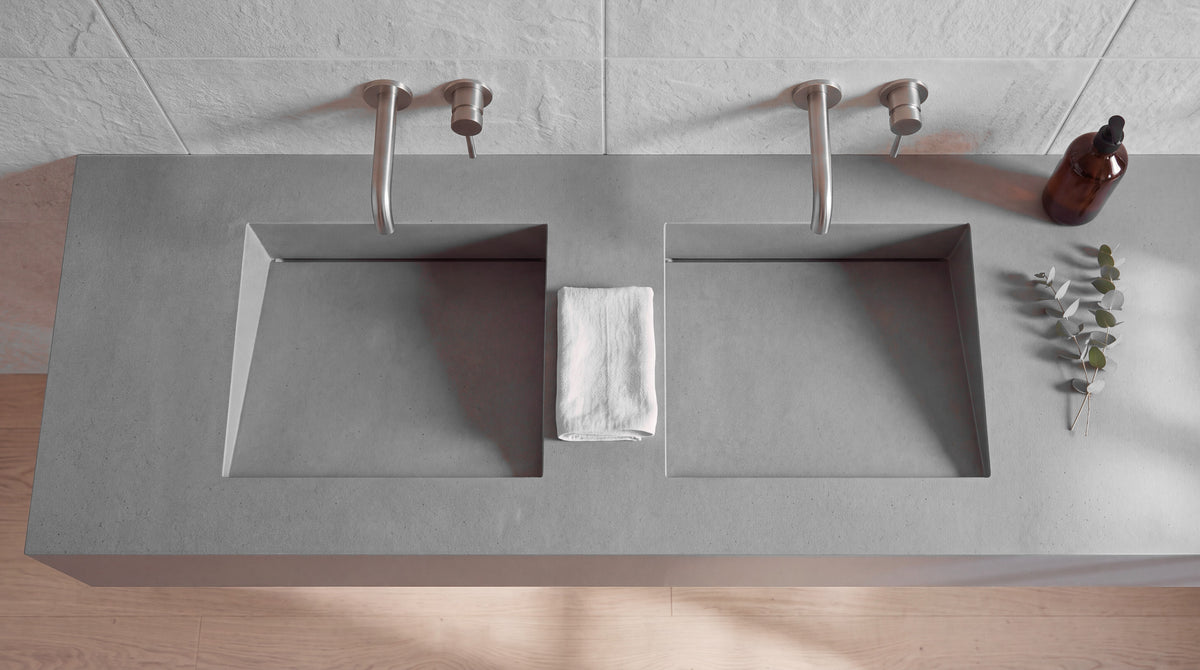 60" Double Ramp Sink, Vanity Top, top-down view of the basins and the slot drain along the back