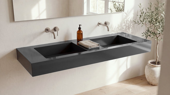60" Double Ramp Sink, Wall Mounted in glossy black stone resin, wall mounted in a bright bathroom