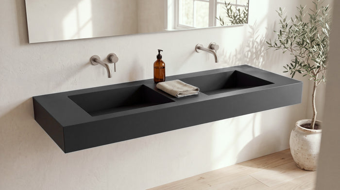60" Double Ramp Sink, Wall Mounted in matte black stone resin, wall mounted in a bright bathroom