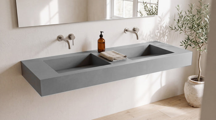 60" Double Ramp Sink, Wall Mounted in matte grey stone resin, wall mounted in a bright bathroom