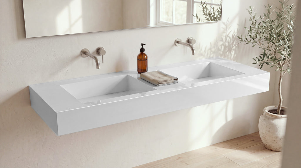 60" Double Ramp Sink, Wall Mounted in glossy white stone resin, wall mounted in a bright bathroom