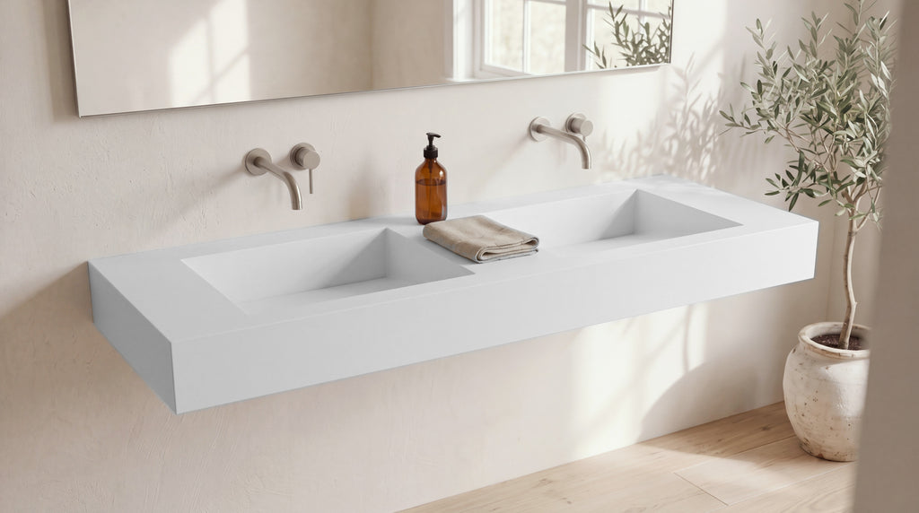60" Double Ramp Sink, Wall Mounted in matte white stone resin, wall mounted in a bright bathroom
