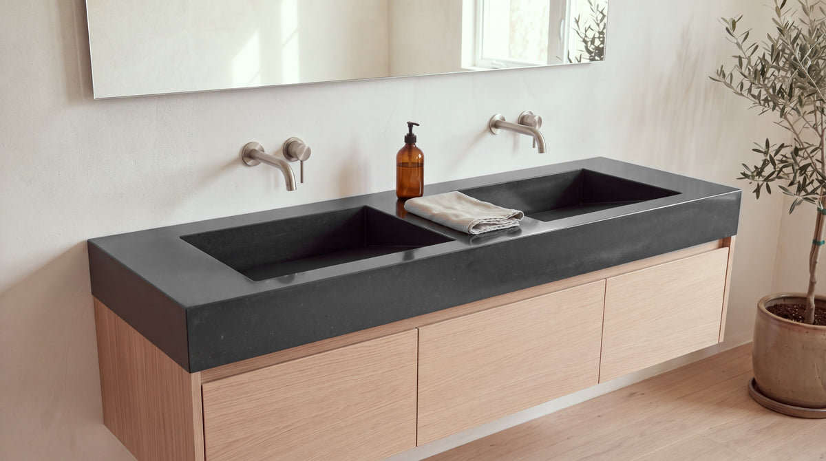 72" Double Ramp Sink, Vanity Top in glossy black stone resin on a bathroom vanity
