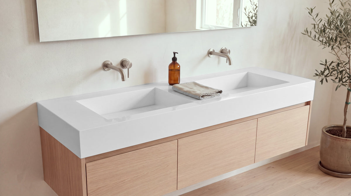 72" Double Ramp Sink, Vanity Top in glossy white stone resin on a bathroom vanity
