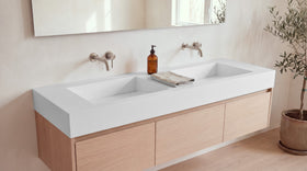 72" Double Ramp Sink, Vanity Top in matte white stone resin on a bathroom vanity