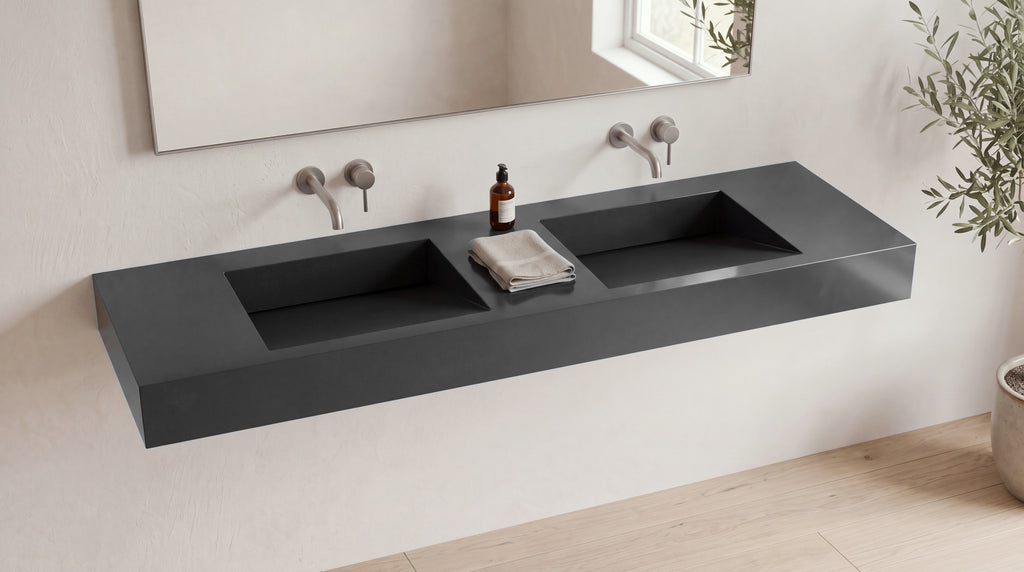 72" Double Ramp Sink, Wall Mounted in glossy black stone resin, wall mounted in a bright bathroom