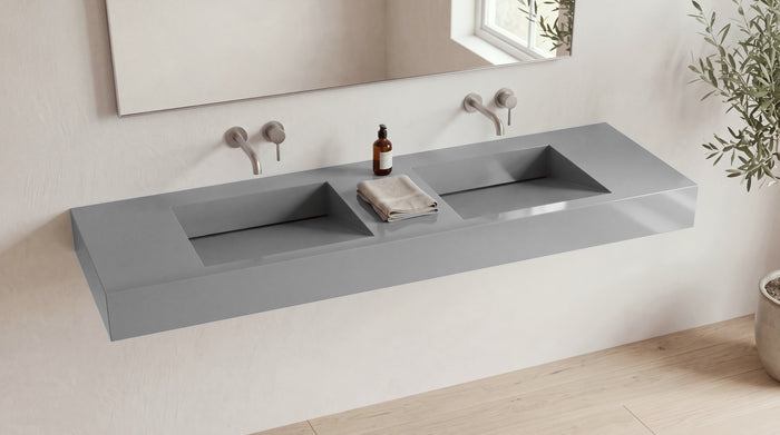 72" Double Ramp Sink, Wall Mounted in glossy grey stone resin, wall mounted in a bright bathroom