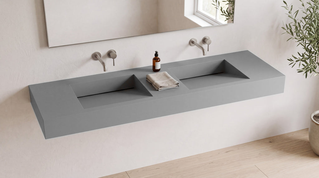 72" Double Ramp Sink, Wall Mounted in matte grey stone resin, wall mounted in a bright bathroom