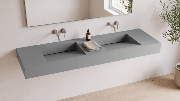72" Double Ramp Sink, Wall Mounted in matte grey stone resin, wall mounted in a bright bathroom