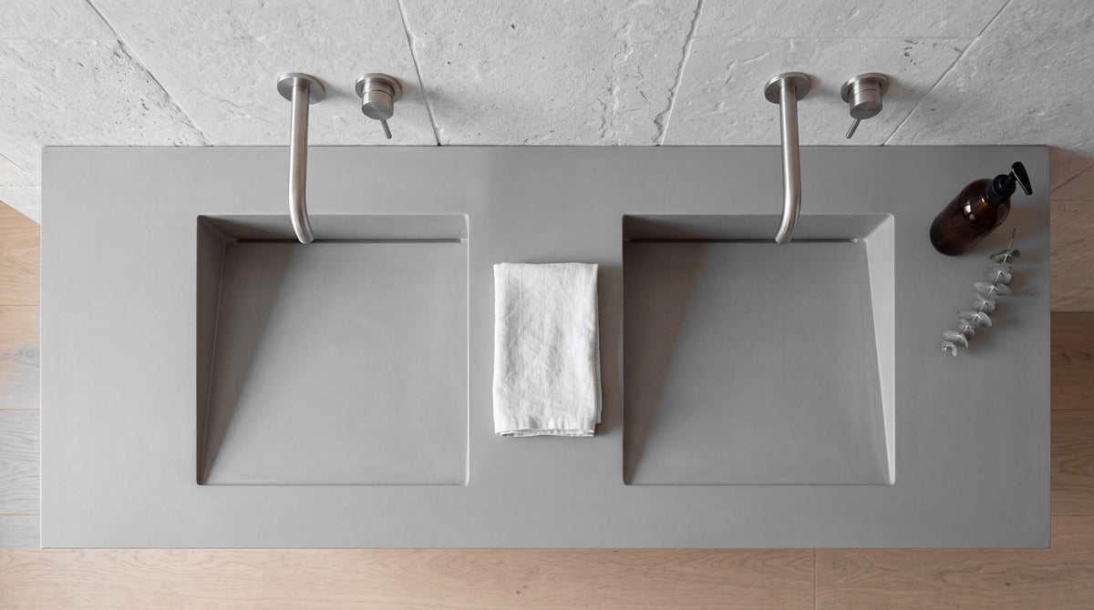 72" Double Ramp Sink, Wall Mounted, top-down view of the basins and the slot drain along the back