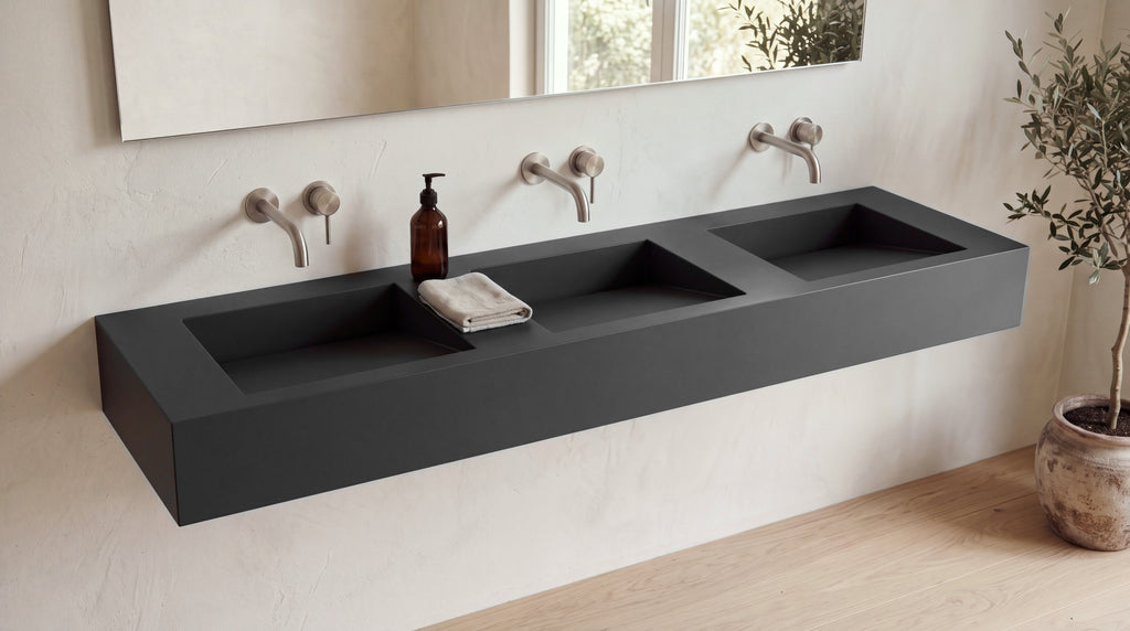 84" ADA Triple Ramp Sink, Wall Mounted in matte black stone resin, wall mounted in a bright bathroom