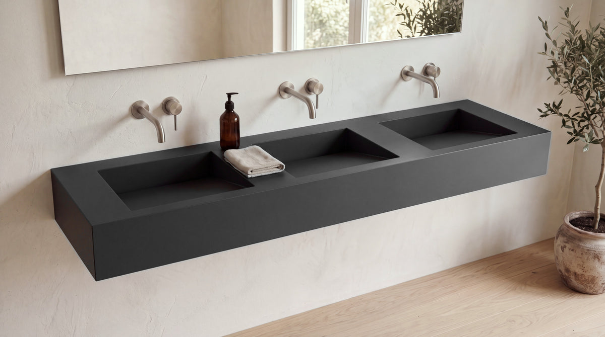 84" ADA Triple Ramp Sink, Wall Mounted in matte black stone resin, wall mounted in a bright bathroom