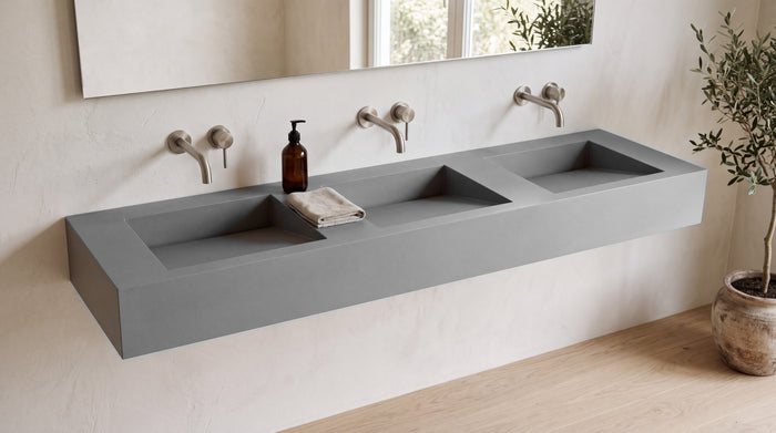 84" ADA Triple Ramp Sink, Wall Mounted in matte grey stone resin, wall mounted in a bright bathroom