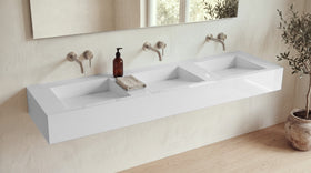 84" ADA Triple Ramp Sink, Wall Mounted in glossy white stone resin, wall mounted in a bright bathroom