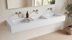 84" ADA Triple Ramp Sink, Wall Mounted in matte white stone resin, wall mounted in a bright bathroom