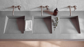 84" ADA Triple Ramp Sink, Wall Mounted, top-down view of the basins and the slot drain along the back