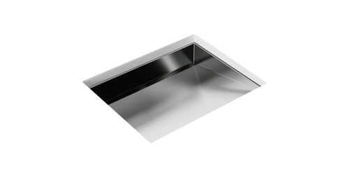 Badeloft ES-UB-04-M stainless steel undermount ramp sink in brushed steel, angled top view