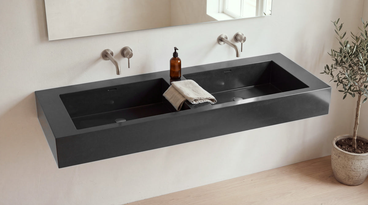 60" Double Trough Sink, Wall Mounted in glossy black stone resin, wall mounted in a bright bathroom