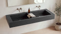 60" Double Trough Sink, Wall Mounted in matte black stone resin, wall mounted in a bright bathroom