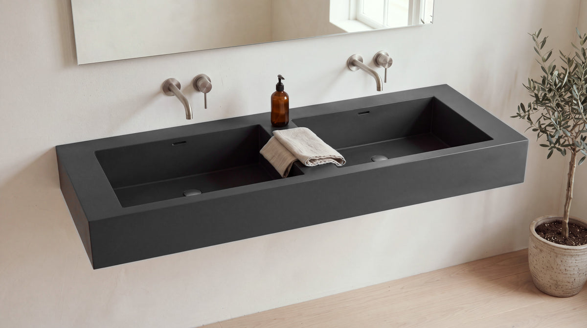60" Double Trough Sink, Wall Mounted in matte black stone resin, wall mounted in a bright bathroom