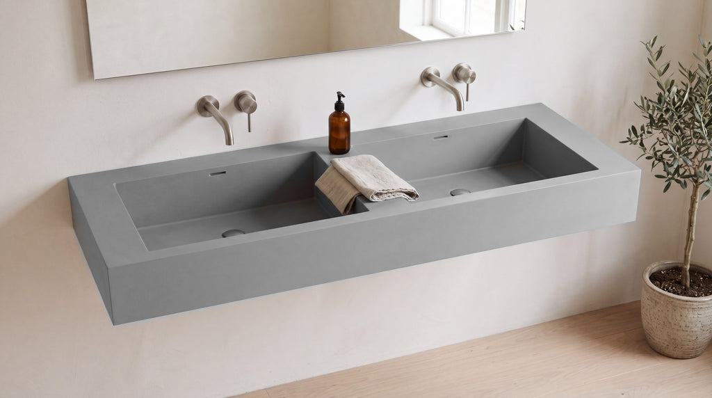 60" Double Trough Sink, Wall Mounted in matte grey stone resin, wall mounted in a bright bathroom