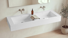 60" Double Trough Sink, Wall Mounted in glossy white stone resin, wall mounted in a bright bathroom