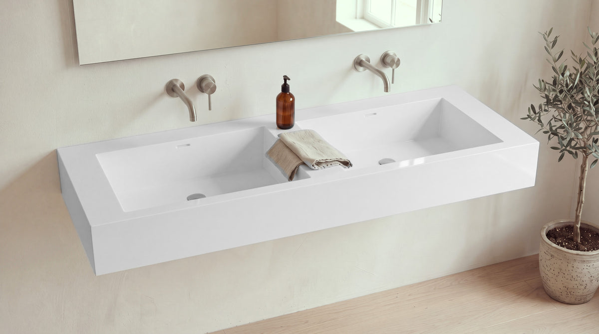 60" Double Trough Sink, Wall Mounted in glossy white stone resin, wall mounted in a bright bathroom