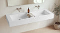 60" Double Trough Sink, Wall Mounted in matte white stone resin, wall mounted in a bright bathroom