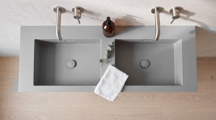 60" Double Trough Sink, Wall Mounted, top-down view of the basins and the slot drain along the back