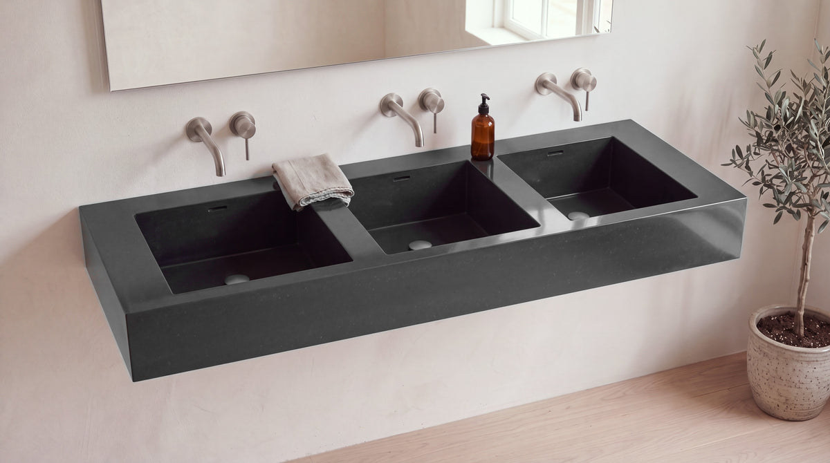 90" Triple Trough Sink, Wall Mounted in glossy black stone resin, wall mounted in a bright bathroom