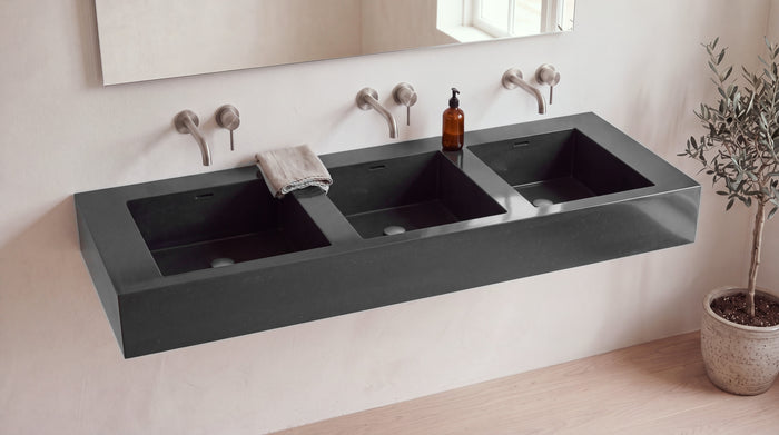 90" Triple Trough Sink, Wall Mounted in glossy black stone resin, wall mounted in a bright bathroom