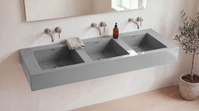 90" Triple Trough Sink, Wall Mounted in glossy grey stone resin, wall mounted in a bright bathroom