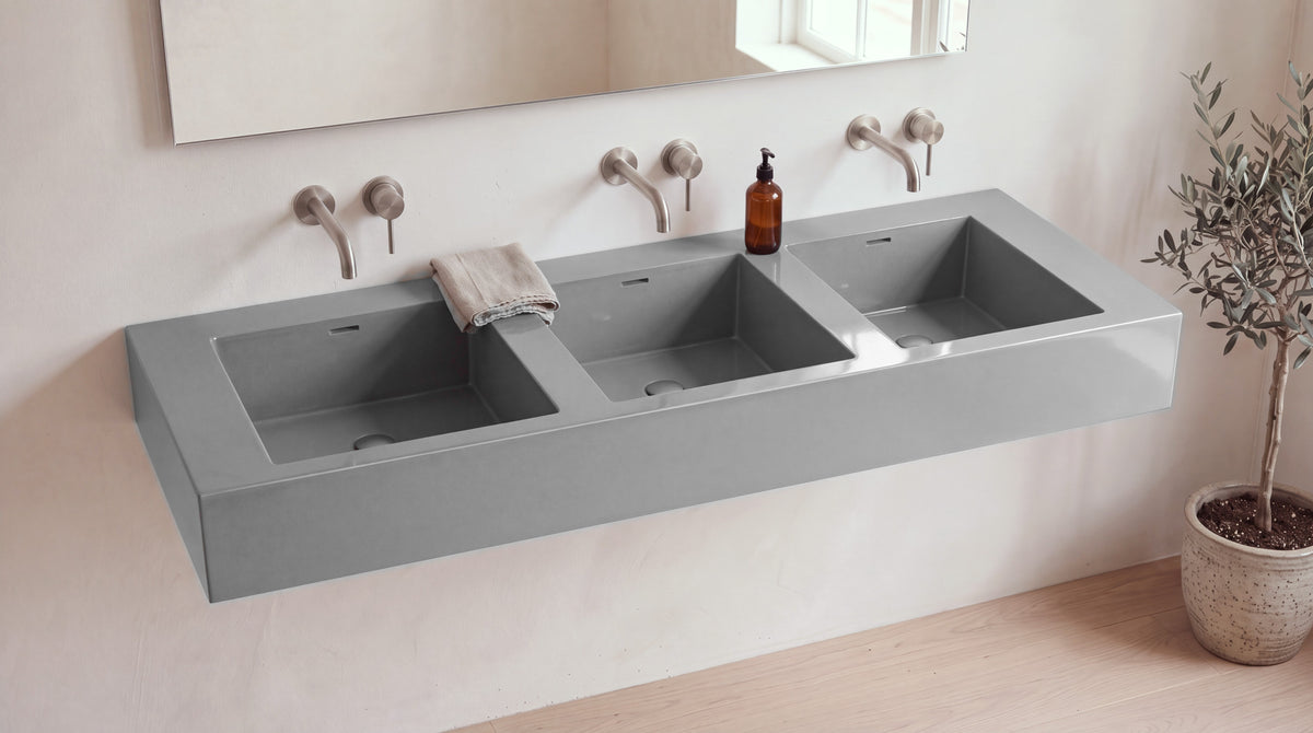 90" Triple Trough Sink, Wall Mounted in glossy grey stone resin, wall mounted in a bright bathroom