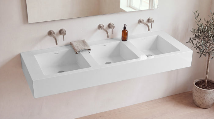 90" Triple Trough Sink, Wall Mounted in glossy white stone resin, wall mounted in a bright bathroom