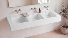 90" Triple Trough Sink, Wall Mounted in matte white stone resin, wall mounted in a bright bathroom
