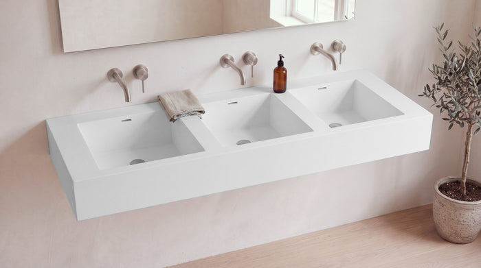 90" Triple Trough Sink, Wall Mounted in matte white stone resin, wall mounted in a bright bathroom