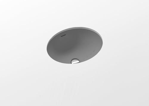 Badeloft UB-03 stone resin undermount sink in grey, angled top view