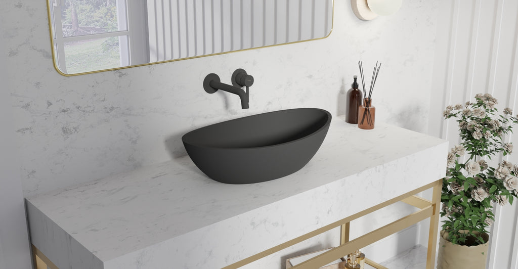 Badeloft WAT-02 matte black sink faucet, lifestyle view 2, etched handle cap