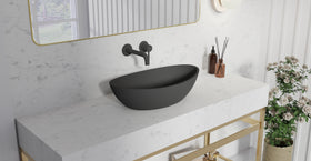 Badeloft WAT-02 matte black sink faucet, lifestyle view 2, etched handle cap