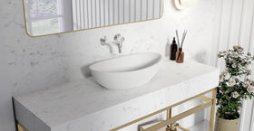 Badeloft WAT-02 brushed steel sink faucet, lifestyle view 2, etched handle cap